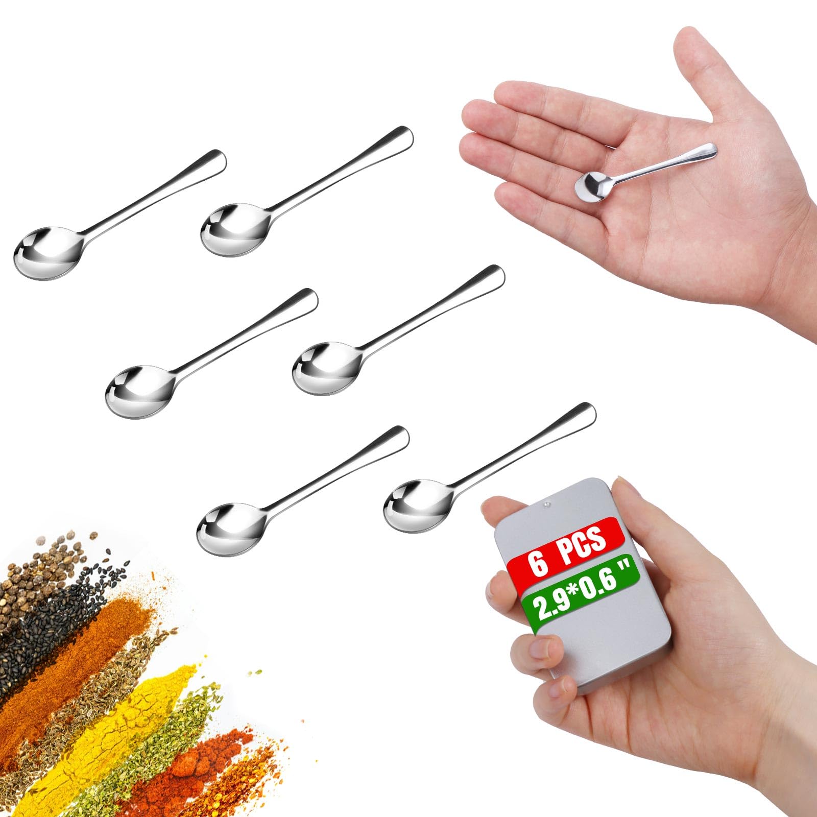 6PCS Tiny Spoons - Mini Stainless Steel Spoons 2.9 inch for Salt Jars Spice Jars, SUS 304 Food Grade Seasoning Spoon for Powder Spices, Pepper, Sugar, Coffee