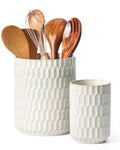 Utensil Holder Set of 2, Large & Small Ceramic Utensil Holder for Kitchen Countertop, Farmhouse Kitchen Decor, Thick Durable Utensil Crock Organizer, Beige