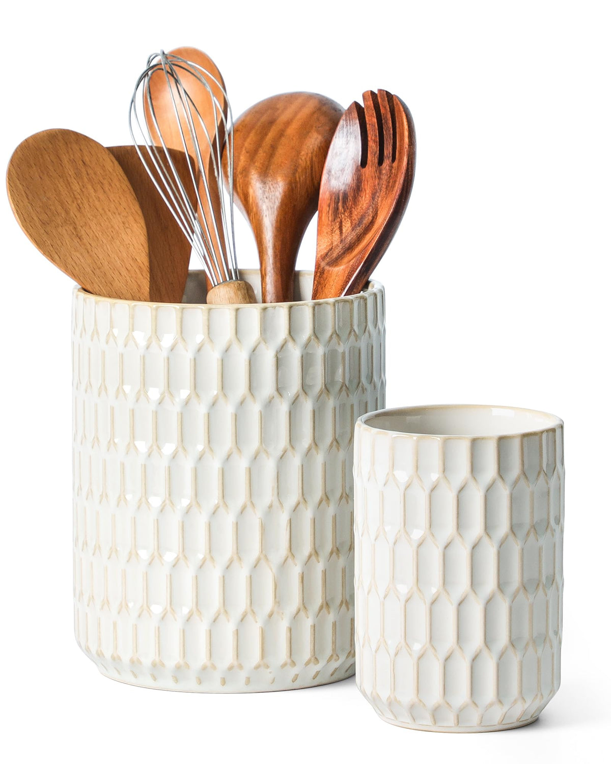 Utensil Holder Set of 2, Large & Small Ceramic Utensil Holder for Kitchen Countertop, Farmhouse Kitchen Decor, Thick Durable Utensil Crock Organizer, Beige