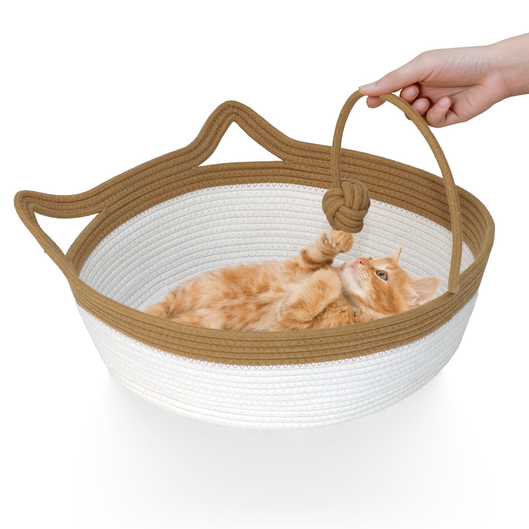 Cotton Rope Woven Cat Bed, Pet Sleeping Bed with a Playing Rope Ball, Foldable Sleeping Basket for Cats, Puppies, Rabbits and Small Pets (Large, Brown & Beige)