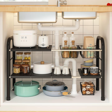 KOSIWU Expandable Under Sink Organizer, 2 Tier Under Sink Shelf