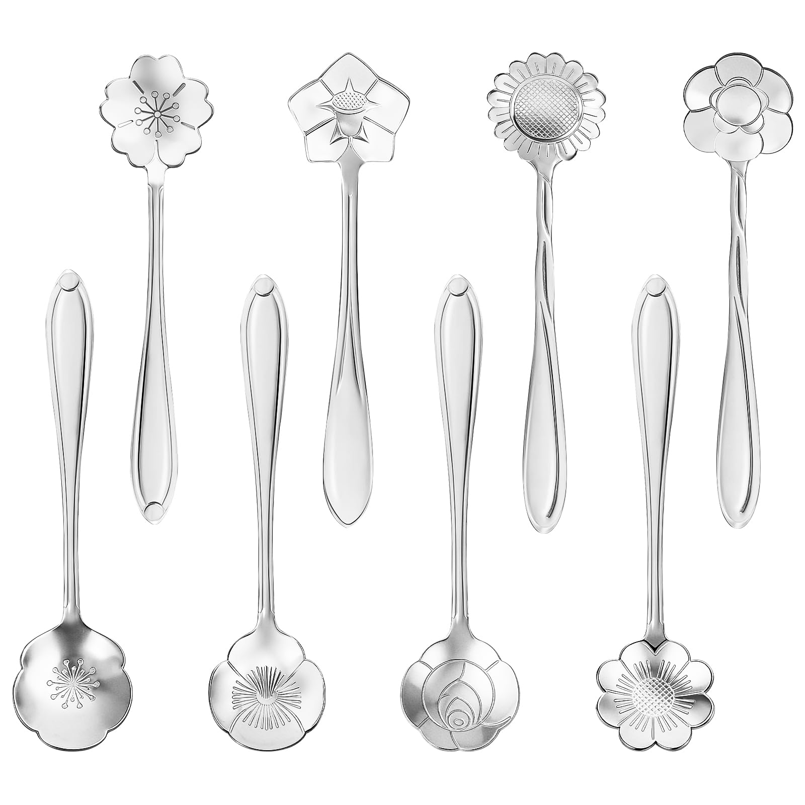 8-Piece Flower Tea Spoon Set, Stainless Steel Gold Coffee & Dessert Spoons for Stirring, Creative Fancy Tableware for Tea Party, Cafe, Bar, Kitchen, and Home Decor (Silvery)