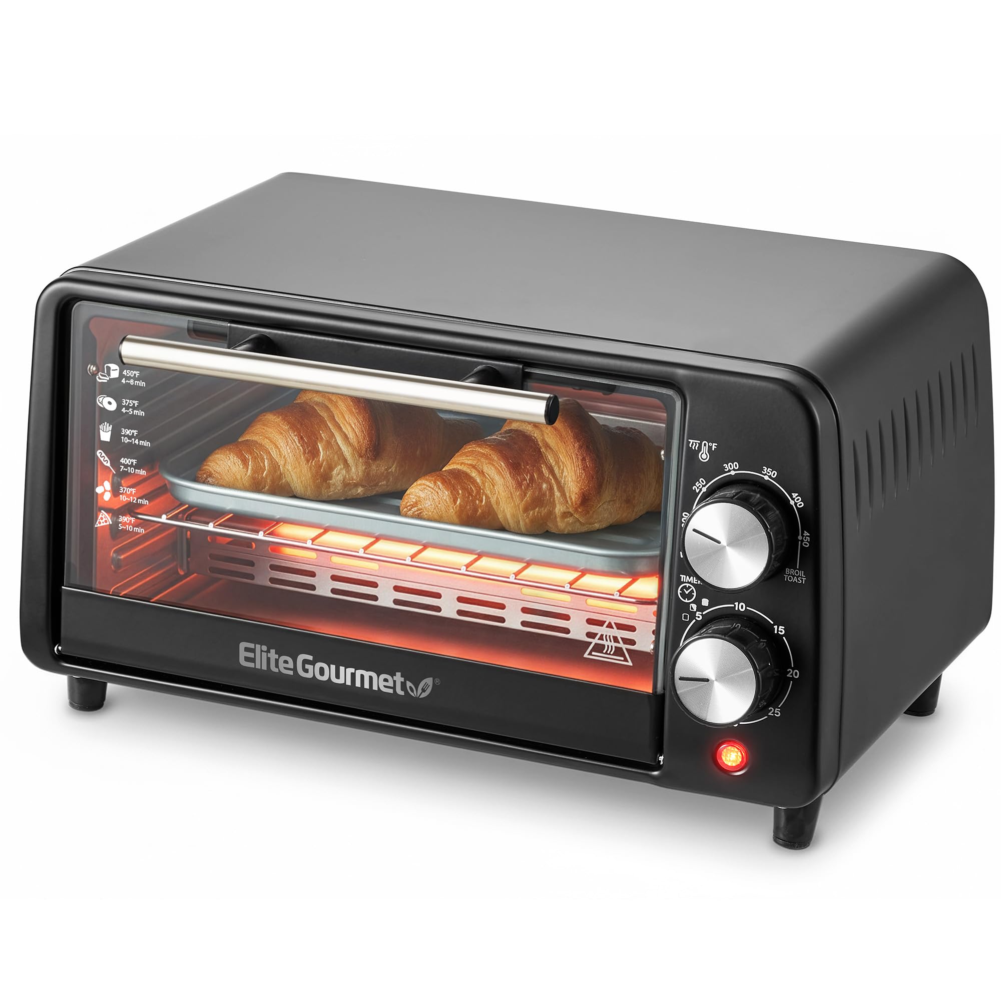 Elite Gourmet ETO449X Countertop Toaster Oven, 9.5Qt / 4-Slice Capacity, Fits 8'' Pizza, 800W Quartz Heating, 200–450°F Adjustable Temperature, 30-Min Timer, Compact Mini Oven, Black