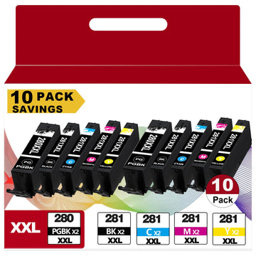 10 Pack PGI-280XXL CLI-281XXL Ink Cartridges Replacement for Canon 280 XXL 281 XXL Fit for Cannon TR8620a TR8620 TR8520 TR8600 TR7520 TS702a TS9520 TS9521C TS6120 TS6220 TS6320 TS8220 TS9120 Printers