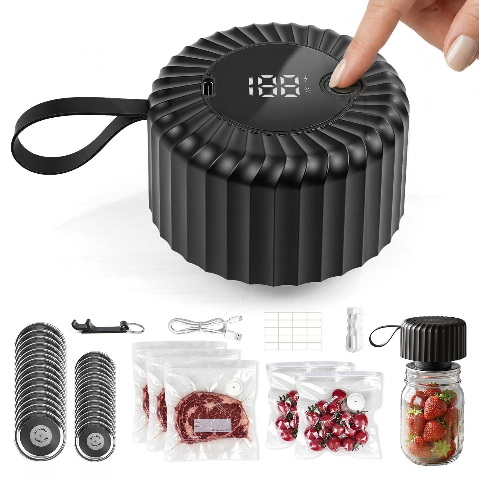 Upgraded Mason Jar Vacuum Sealer Kit, One-Touch Vacuum Sealer for Wide & Regular Mouth Mason Jars and Vacuum Bags, Includes 30 Reusable Lids and 5 Vacuum Storage Bags, Black