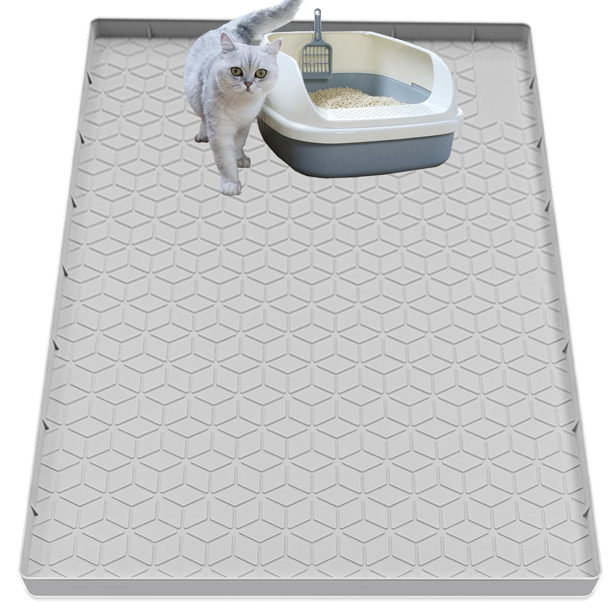 Cat Litter Mat for Litter Box, Silicone Large Cat Litter Trapping Mat - 40x28 in, Waterproof & Non-Slip, Durable & Easy Clean, Light Gray