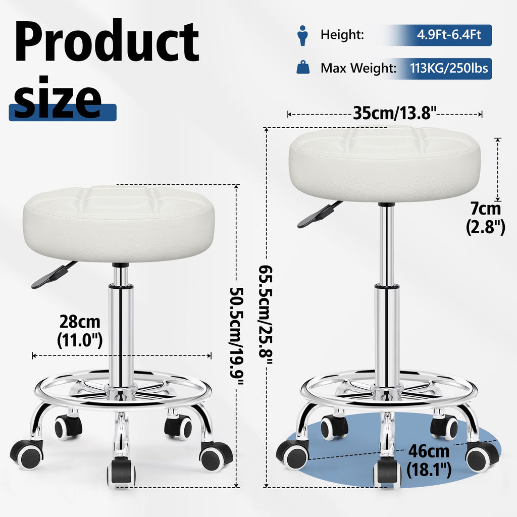 Brick Attic Rolling Stool with Wheels, Pu Leather Small Office Chair with Foot Rest,versatile Adjustable Swivel Stool for Tattoo Massage Salon