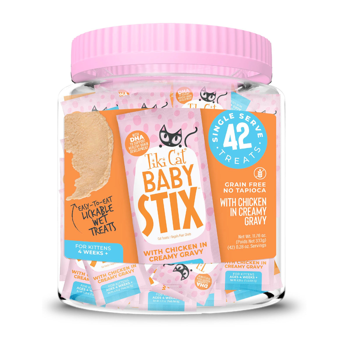 Tiki Cat Baby Stix Wet Cat Treats, Chicken in Creamy Gravy, 0.28 oz. Sachets (42 Count Jar)