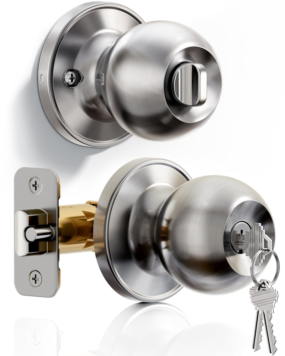 Veise Keyed Entry Door Knob, Bedroom Door Lock with Keys, Heavy-Duty Rust-Proof Construction, Door Handle for Exterior Interior Security, Easy to Install, Brushed Nickel