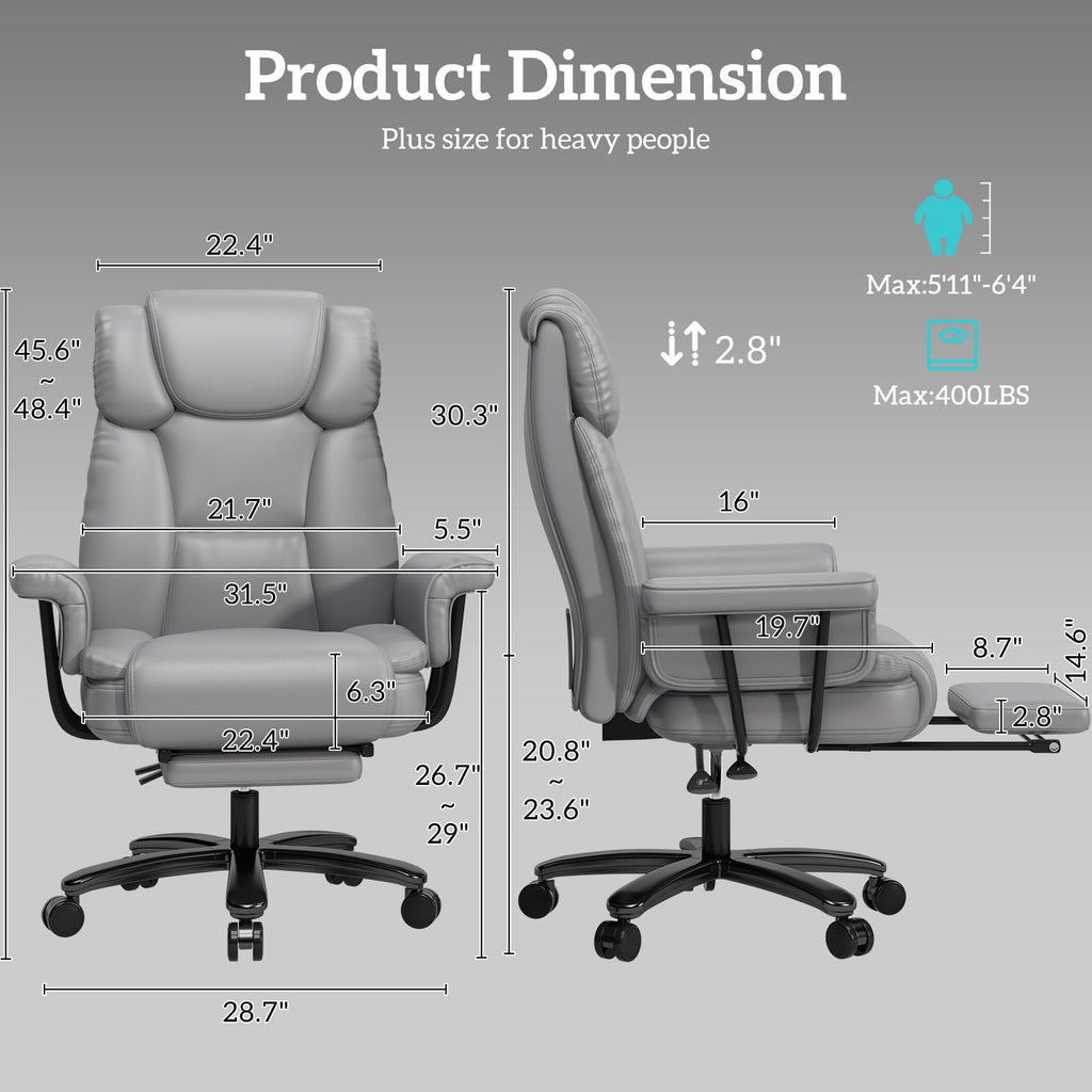Gyi 160 Reclining Office Chair with Footrest, Big & Tall Desk Chair, Grey