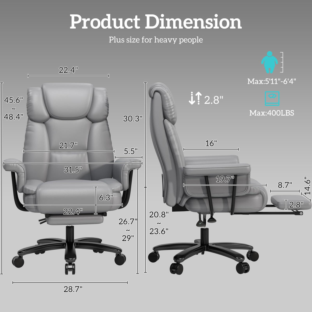 Gyi 160 Reclining Office Chair with Footrest, Big & Tall Desk Chair, Grey