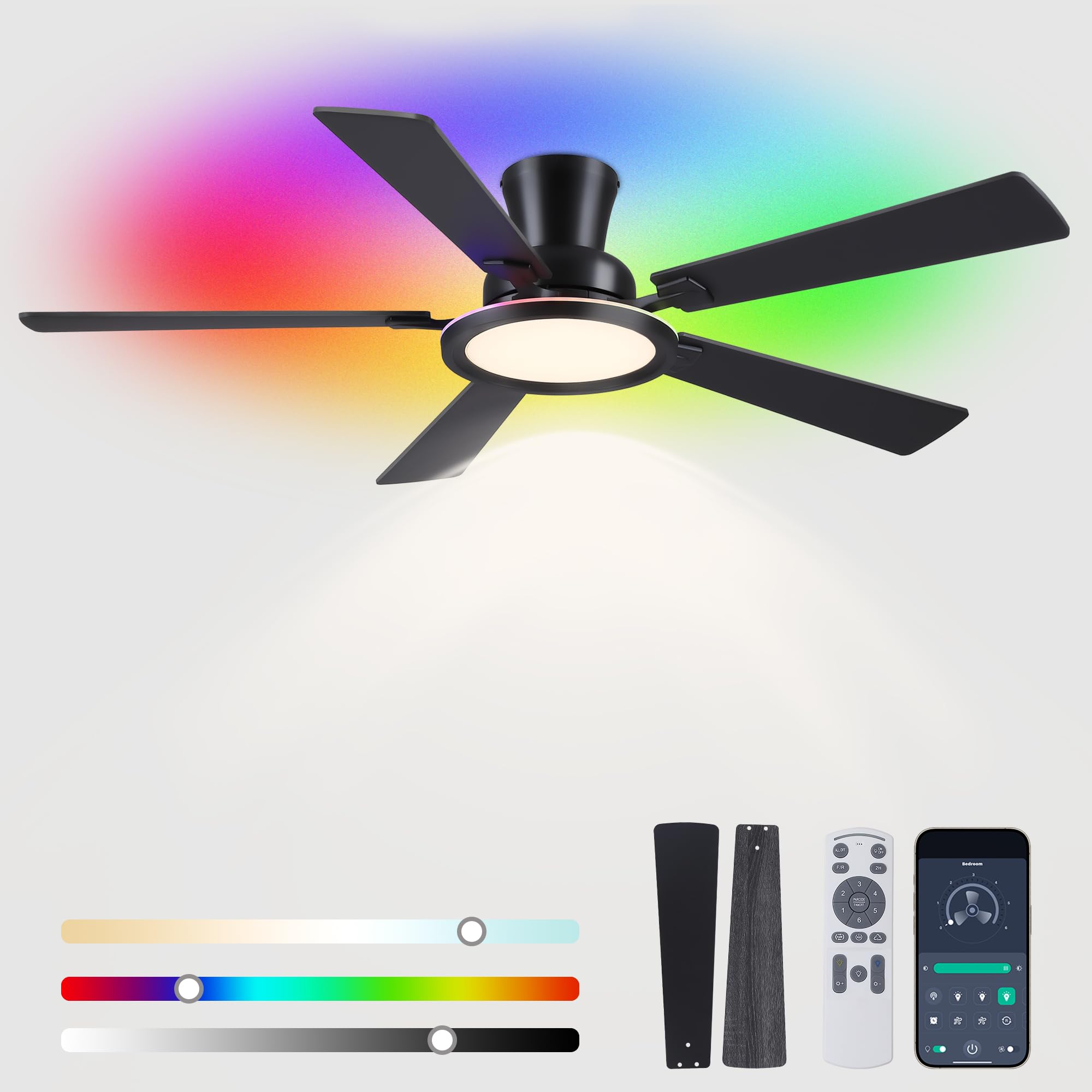 Ayaoty Ceiling Fans with Lights - 52in Flush Mount Ceiling Fan with RGB Dimmable, 3CCT 6 Wind Speeds and Reversible Quiet Motor, Low Profile RGB Fan Light for Modern Indoor, Party - Black RGB