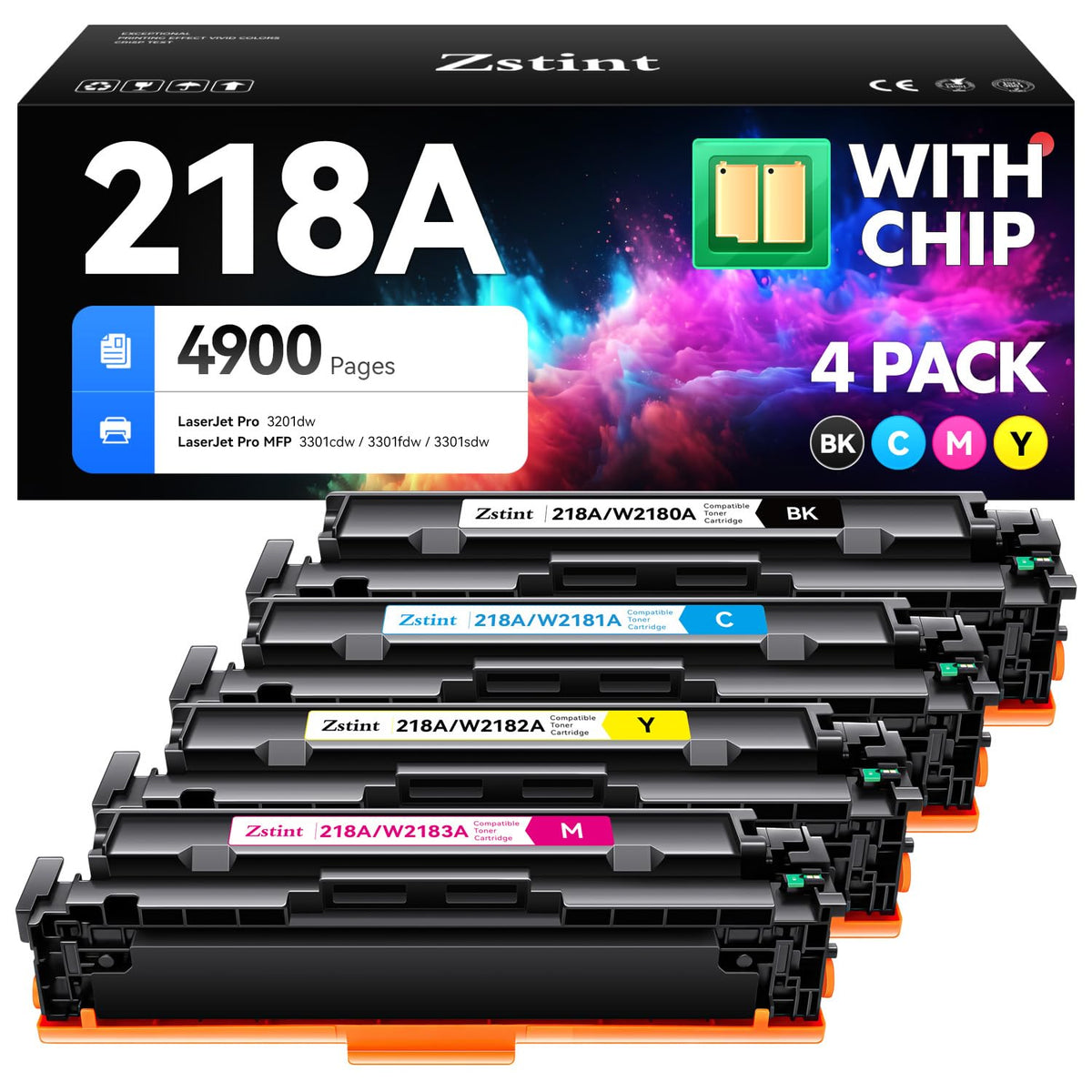 218A Toner Cartridge 4-Pack High Yield with Chip Replacement for HP 218A 218X Toner Cartridge Compatible with HP Color Laserjet Pro MFP 3301cdw 3301fdw 3301sdw Pro 3201dw Printer W2180A Ink (B/C/Y/M)
