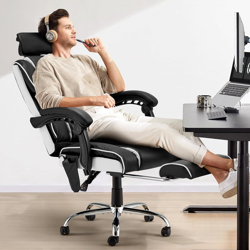 Homrest Heated Massage Executive Office Chair with Footrest Black, Black with White Trim