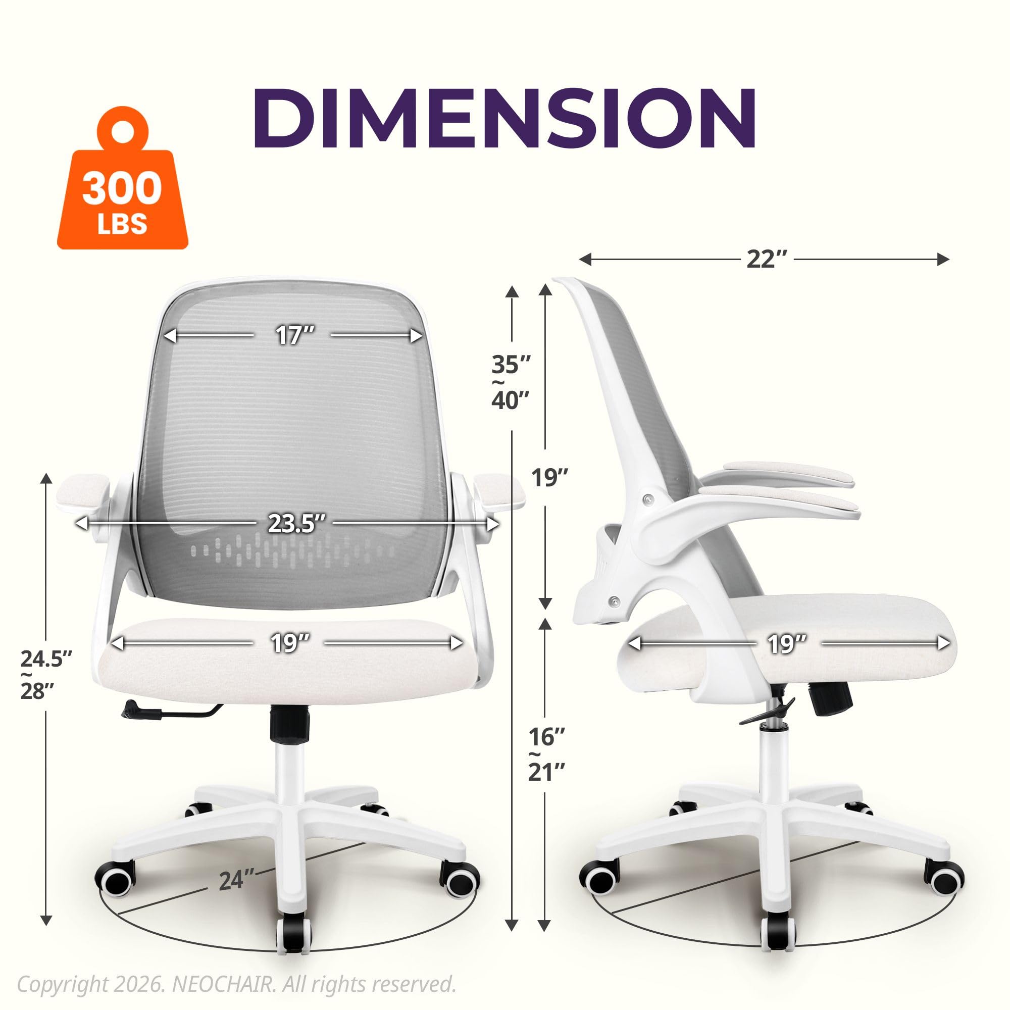 Neo Chair Office Desk Chair, Ergonomic Mesh with Flip-up Armrests, Ivory, Mesh Chair
