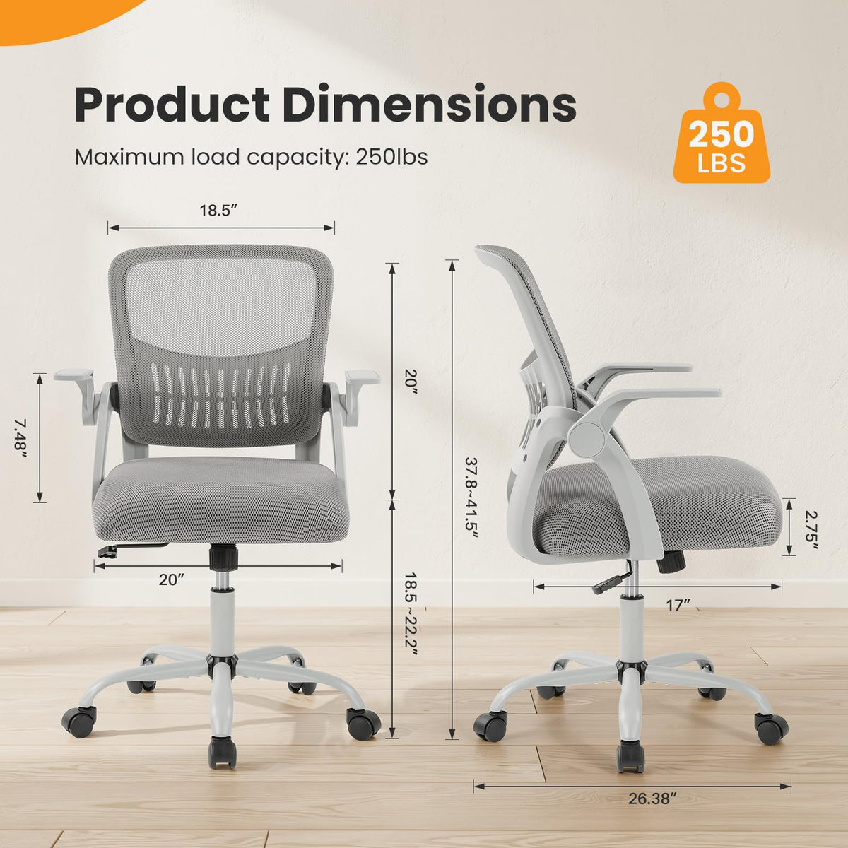 Sweetcrispy Computer Desk Chair, Home Office Chair, Lumbar Support, 23.22 Inch, Grey