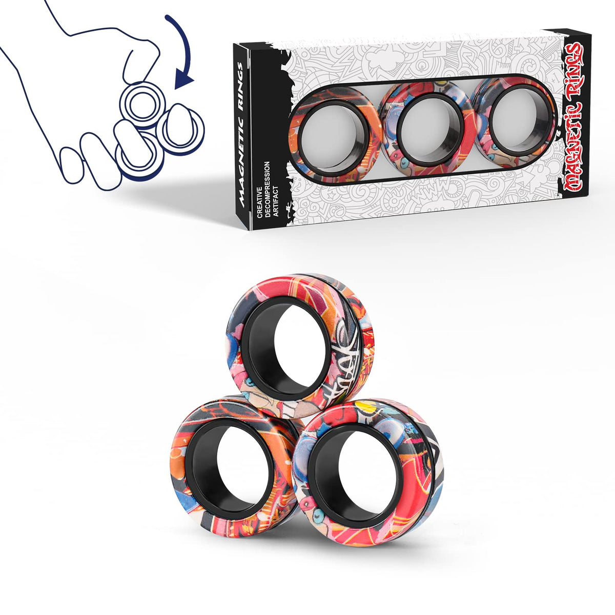 Magnetic Rings Fidget Toy Set, Idea ADHD Fidget Toys, Adult Fidget Magnets Spinner Rings for Anxiety Relief Therapy, Fidget Pack Great Gift for Adults Teens Kids (3PCS)