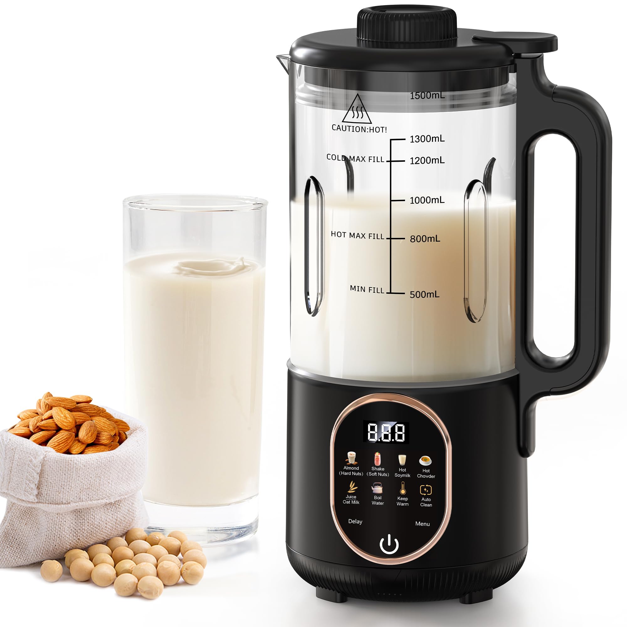 50oz Nut Milk Maker Machine, 10 in 1 Automatic Plant Based Milk Maker for Homemade Oat, Coconut, Chowder, Juice, Soy Milk with 20 Blades,Delay Start, Boil Water, Keep Warm & Auto Clean