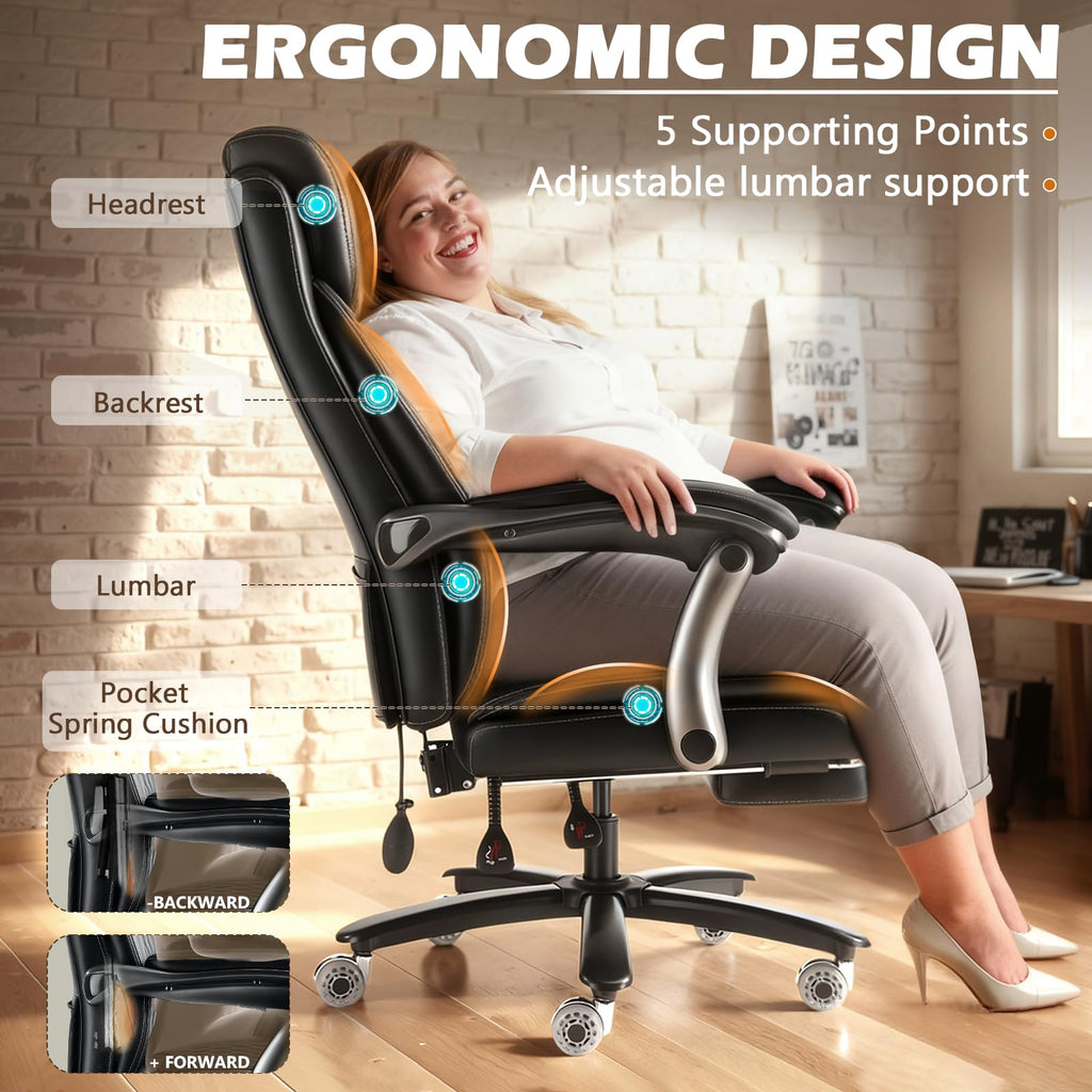 Indulgear 600lbs Large Heavy Duty Office Chair with Foot Rest,reclining Big and Tall Office Chair with Pocket Spring Cushion, Comfy High Back