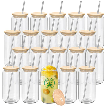 YOUKE OLA 20 Pack Glass Cups with Bamboo Lids and Metal Straw Can Shaped Drinking Glasses, Glass Tumbler Reusable Cute Cups for Whiskey, Iced Coffee, Tea, Soda, Cocktail, Gift, Clear 20oz