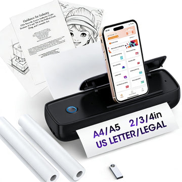 Inkless Portable Printer Wireless for Travel - High Resolution, 4200mAh Battery, Thermal Mini Printer for A4/A5/US Letter, Bluetooth & USB, Lightweight Wireless Printer for Home/Office|Light Black