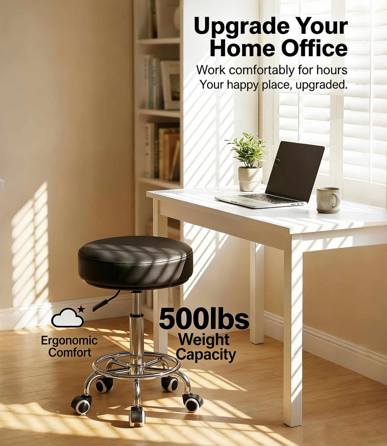 Wxgksa Adjustable Rolling Stool with Wheels 500lb,thick 9.5cm Cushion,30-second Assembly,heavy Duty Round Rolling Stool with Footrest,patent