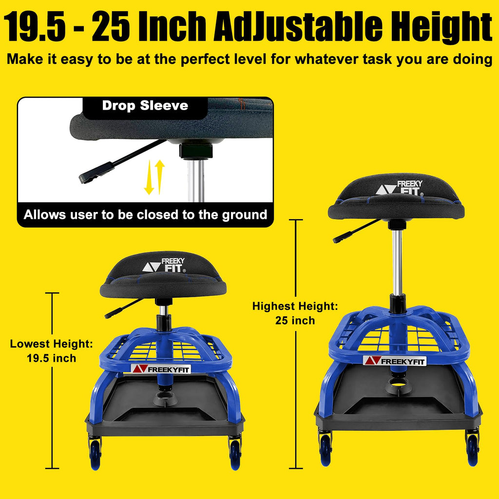 Freekyfit Rolling Stool with Blue Wheels,heavy Duty Garage Work Mechanic Rolling Shop Stool with Backrest, Adjustable Height 360°swivel Roller