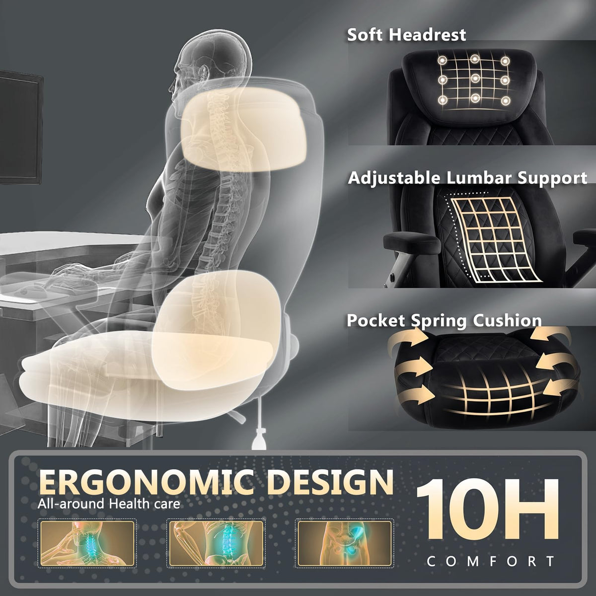 Basicon 650lbs Big and Tall Office Chair with 5d Flip Arms and Thick Pocket Spring Cushion,extra Wide Heavy Duty Office Chair&adjustable Lumbar
