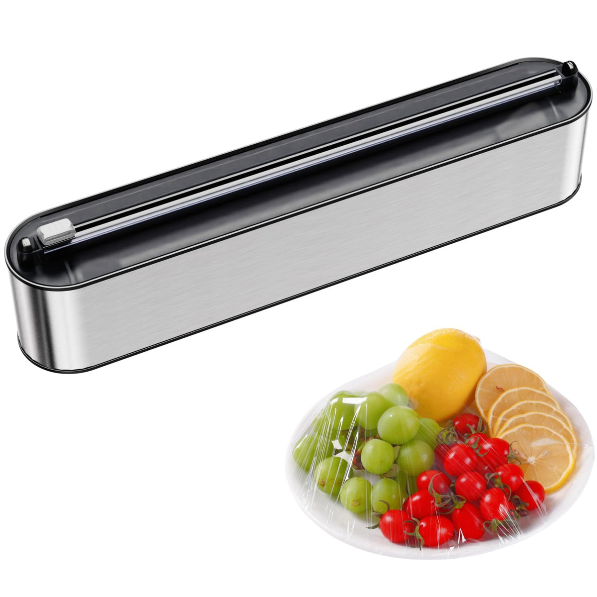 Aluminum Foil & Plastic Wrap Dispenser with Cutter - Magnetic & No-Drill Wall Mount, Stainless Steel Design, Space-Saving Kitchen organizer for Countertops & Cabinets - Fits 12" Rolls, Silver