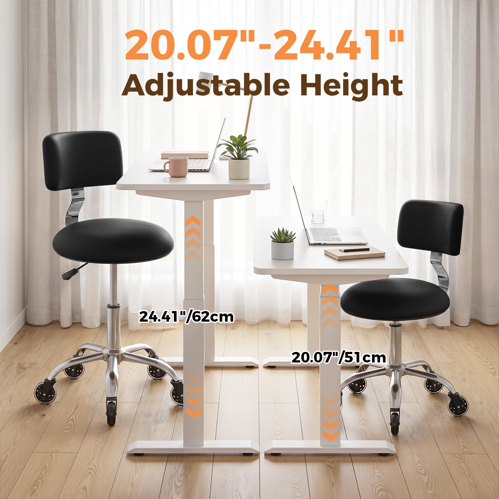 Rolling Stool Chair with Wheels, Office Drafting Chair with Back Support, Height Adjustable Standing Desk Stool with Pu Leather Cushion for