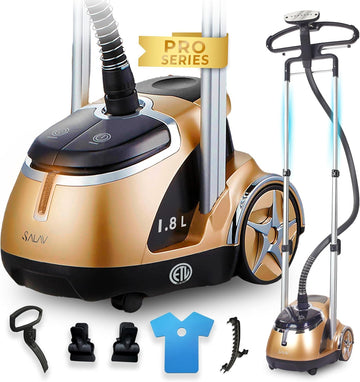 SALAV® Limited Edition Professional Series Dual Bar Garment Steamer with Foot Pedals, Stainless Steel Steam Plate, Retractable Power Cord, 1.8L (60.8 oz) Water Tank, 1500 watts, 60+mins of Steam (Renewed)