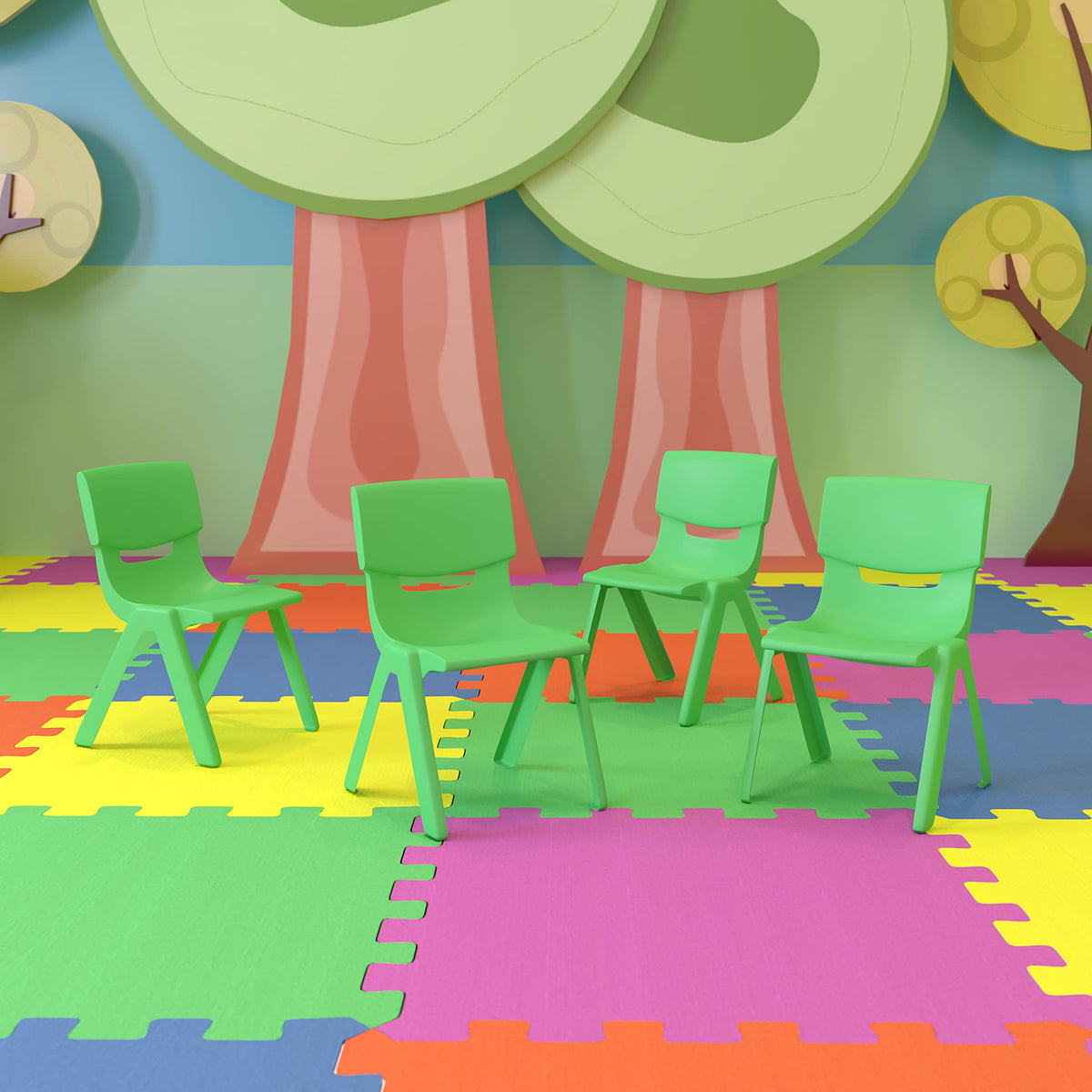 Emma + Oliver Green Plastic Stackable School Chair, 10.5" Seat, 4-pack, 12.5"W x 14"D x 20"H