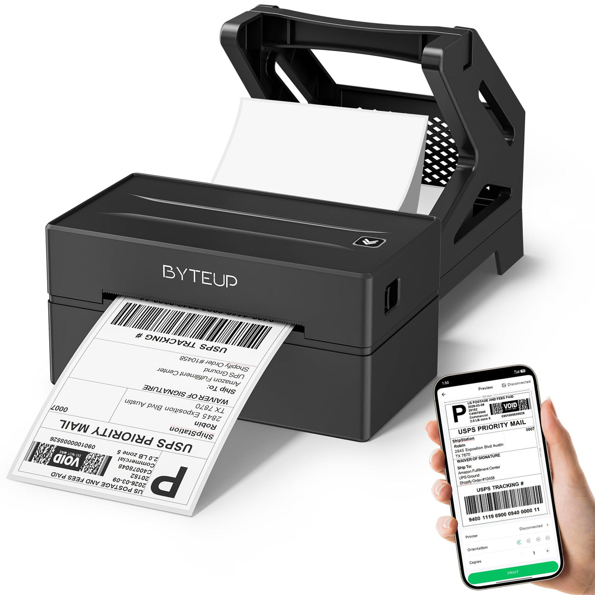Bluetooth Thermal Shipping Label Printer, 4x6 Wireless for Business | Inkless 150mm/s 203 DPI, Intelligent Paper Return, for Phone Android Windows Mac Chromebook