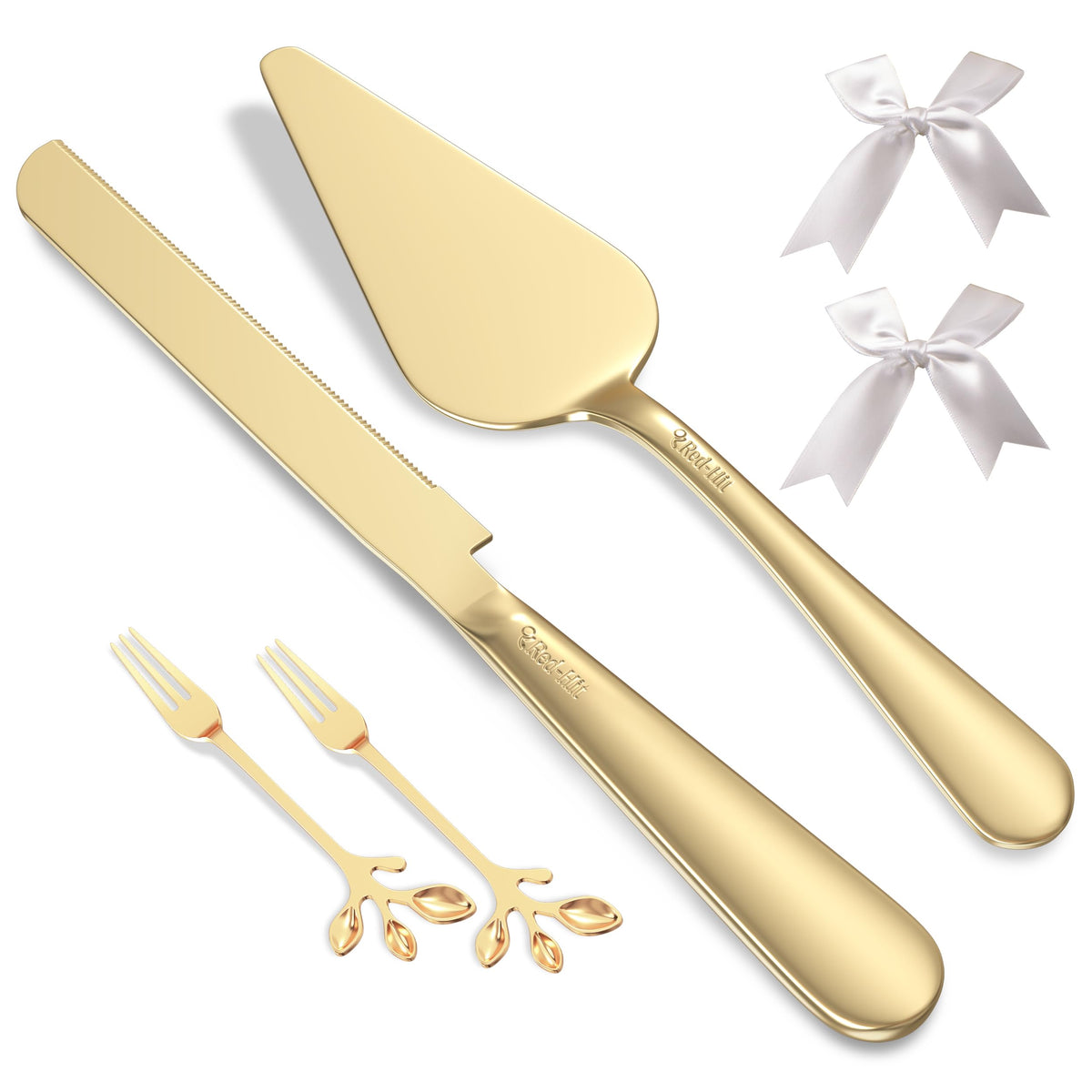 Wedding Cake Cutting Set, Elegant Gold Cake Cutter and Cake Server with Bonus Forks & White Bows, Extra Thick Stainless Steel Cake Knife and Server Set for Anniversary, Birthday, Baby Shower