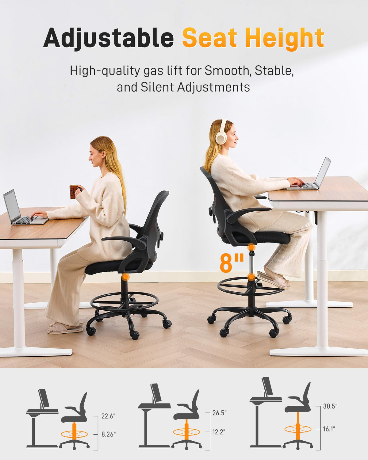 Lukkdys Drafting Chair with Arms, Tall Office Chair for Standing Desks, 19.7"-27.6", Black