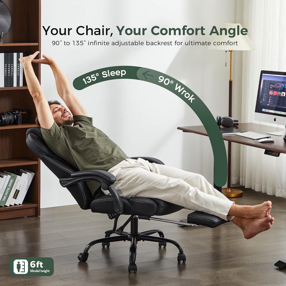 Amseatec Big and Tall Office Chair with Footrest, Lumbar Support, Black, Oversized