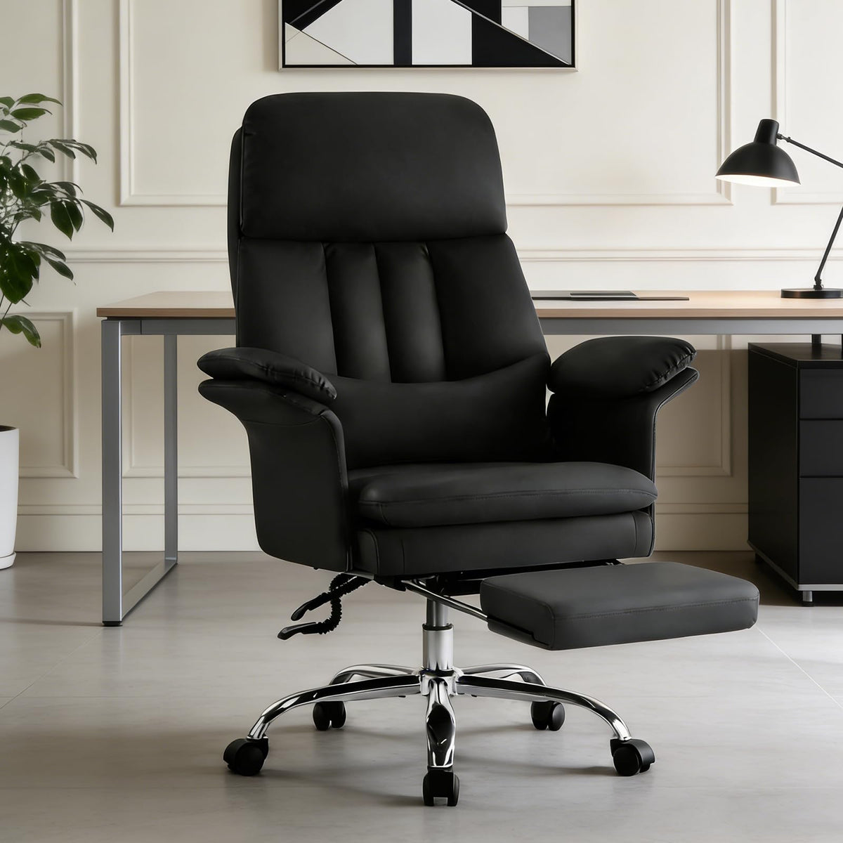 Leather Home Office Chair with Footrest 400lbs, High Back Rolling Desk Chair with Lumbar Support Soft Armrests, Excutive Office Chairs with