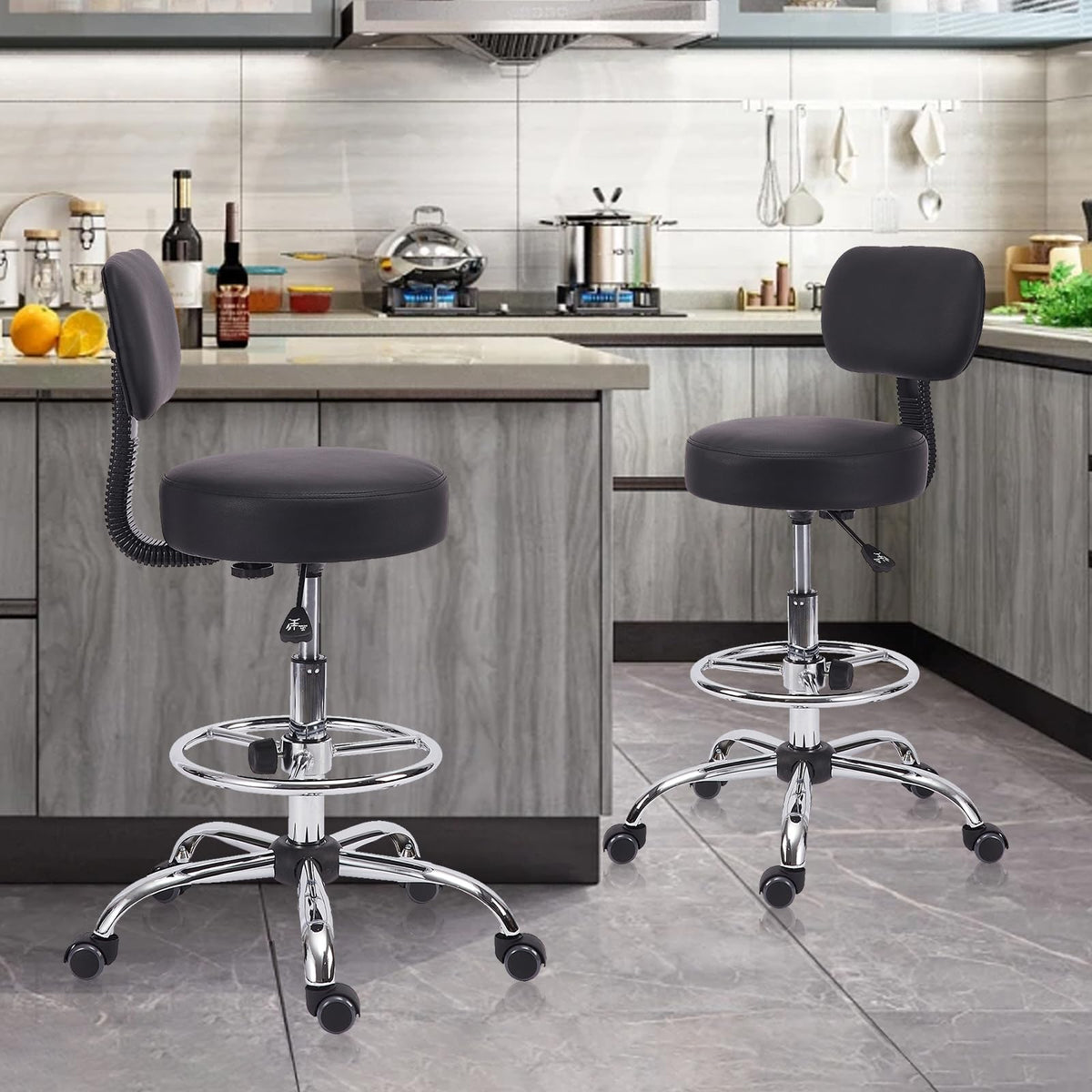 Klasika Drafting Chair with Backrest, Adjustable Foot Rest Height Rolling Stool with Wheels, Leather Swivel Work Shop Office Stools Chairs,