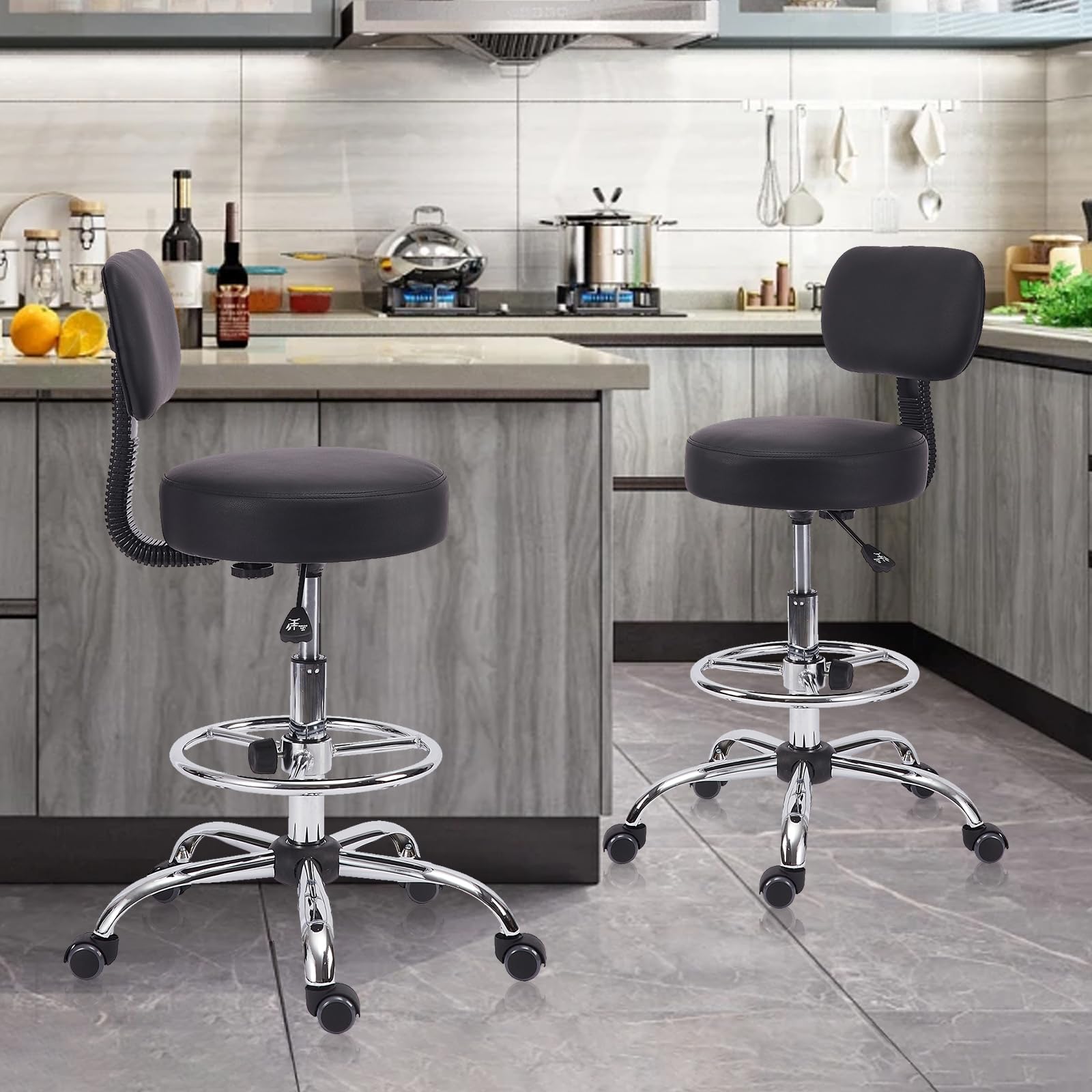 Klasika Drafting Stool Chair with Back, Adjustable Foot Rest Backrest Swivel Rolling Stool, Multi-purpose Office Desk Chair, Thickened Seat for