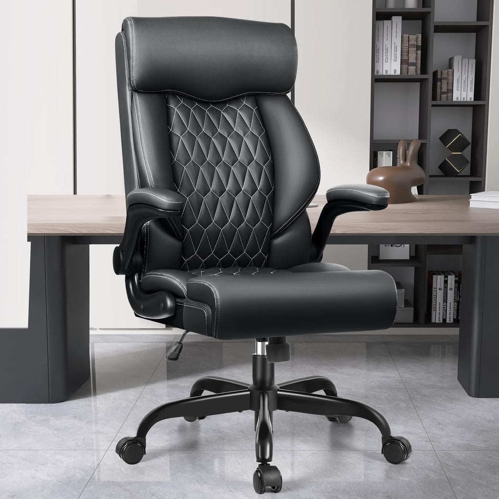 High Back Executive Office Chair - Ergonomic Computer Desk with Rocking Function, Leather Managerial with Adjustable Flip-up Armrests and