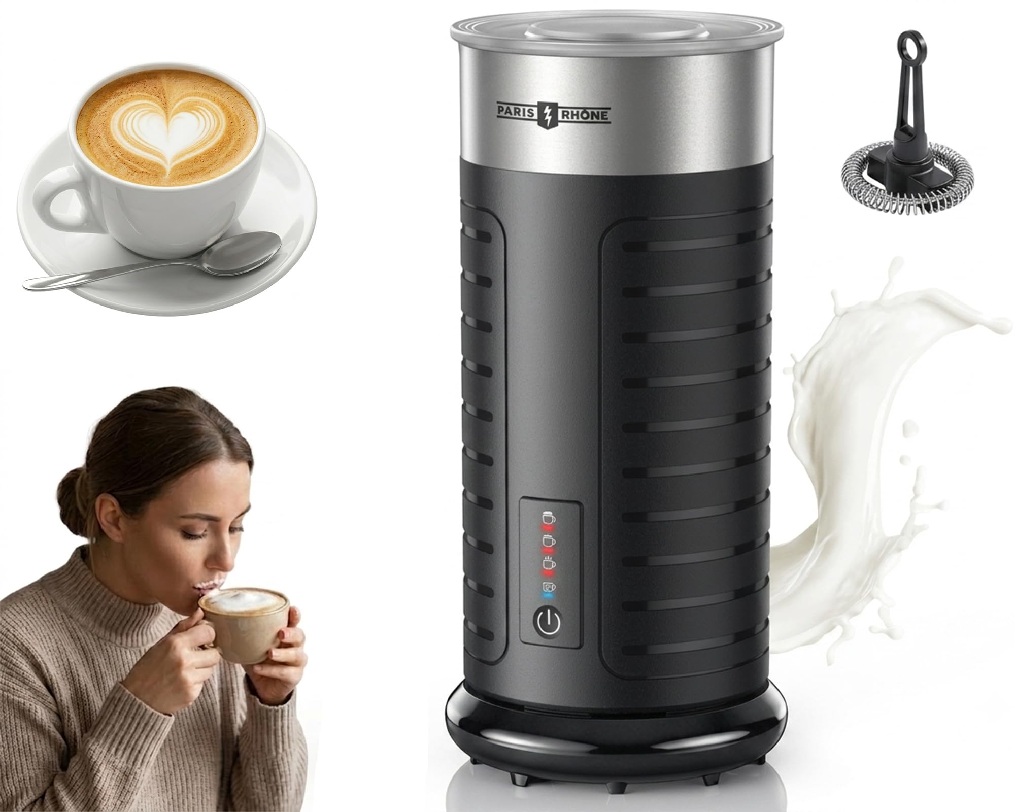 Stainless Steel Milk Frother, Waterproof & Fully Dishwasher Safe, 4 Modes for Hot/Cold Foam, Latte, Cappuccino, One-Touch Operation, Ergonomic Grip, Compact Coffee Maker