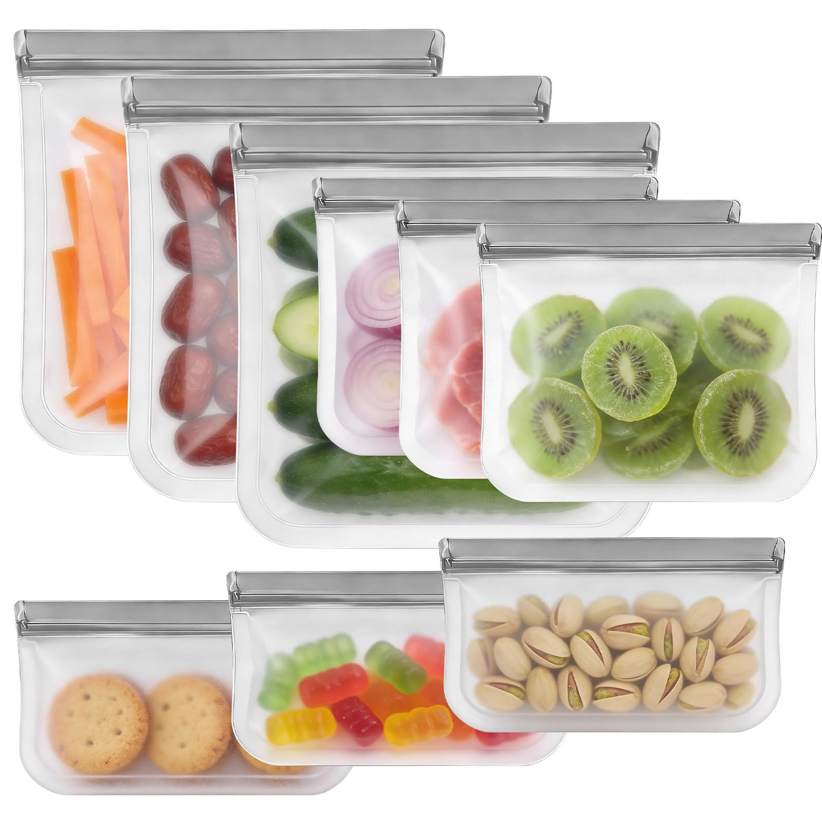9 Pack Reusable Silicone Food Storage Bags - Freezer & Dishwasher Safe Leakproof Reusable Bags, Freezer Storage Bags Sets - 3 Gallon 3 Snack 3 Sandwich Bags