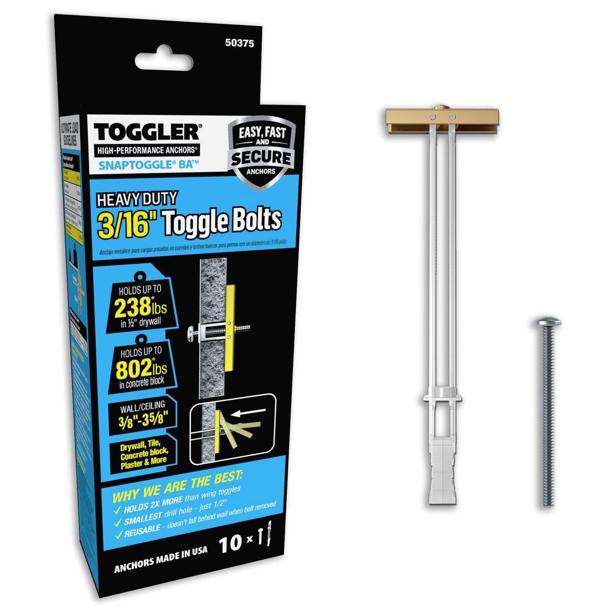 TOGGLER SNAPTOGGLE BA Toggle Anchor with Bolts, Zinc-Plated Steel Channel, Made in US, 3/8" to 3-5/8" Grip Range, For 3/16"-24 UNC Fastener Size (Pack of 10)