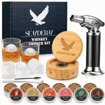 Bourbon Whiskey Smoker Kit with Torch - Old Fashioned Cocktail Smoker Kit with 2 Whiskey Glasses, 6 Wood Chips - Valentines Anniversary Birthday Gifts for Men Dad Husband Boyfriend (No Butane)