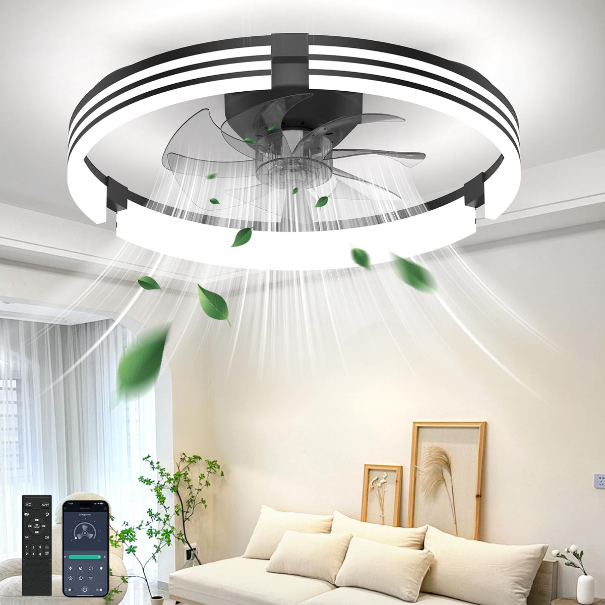 Ceiling Fans with Lights and Remote, 20'' Low Profile Ceiling Fan, 1-6 Wind Speeds, 3000-6500K Dimmable Flush Mount LED Fan Light, Modern Fandelier Ceiling Fans for Bedroom
