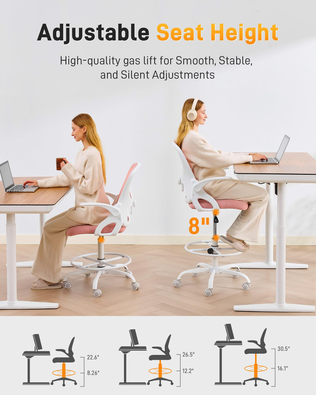 Lukkdys Drafting Chair with Arms, Tall Office Chair for Standing Desks, 20.9" D x 10.6" W x 20.9" H, Pink&white