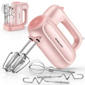 BAIGELONG Hand Electric Mixer, 5-Speed KitchenMixer with 5 * 304 Stainless Steel Attachments + Storage Base, Food Handheld Mixer for Baking, Whipping Cream, Cake Mixing, Pink