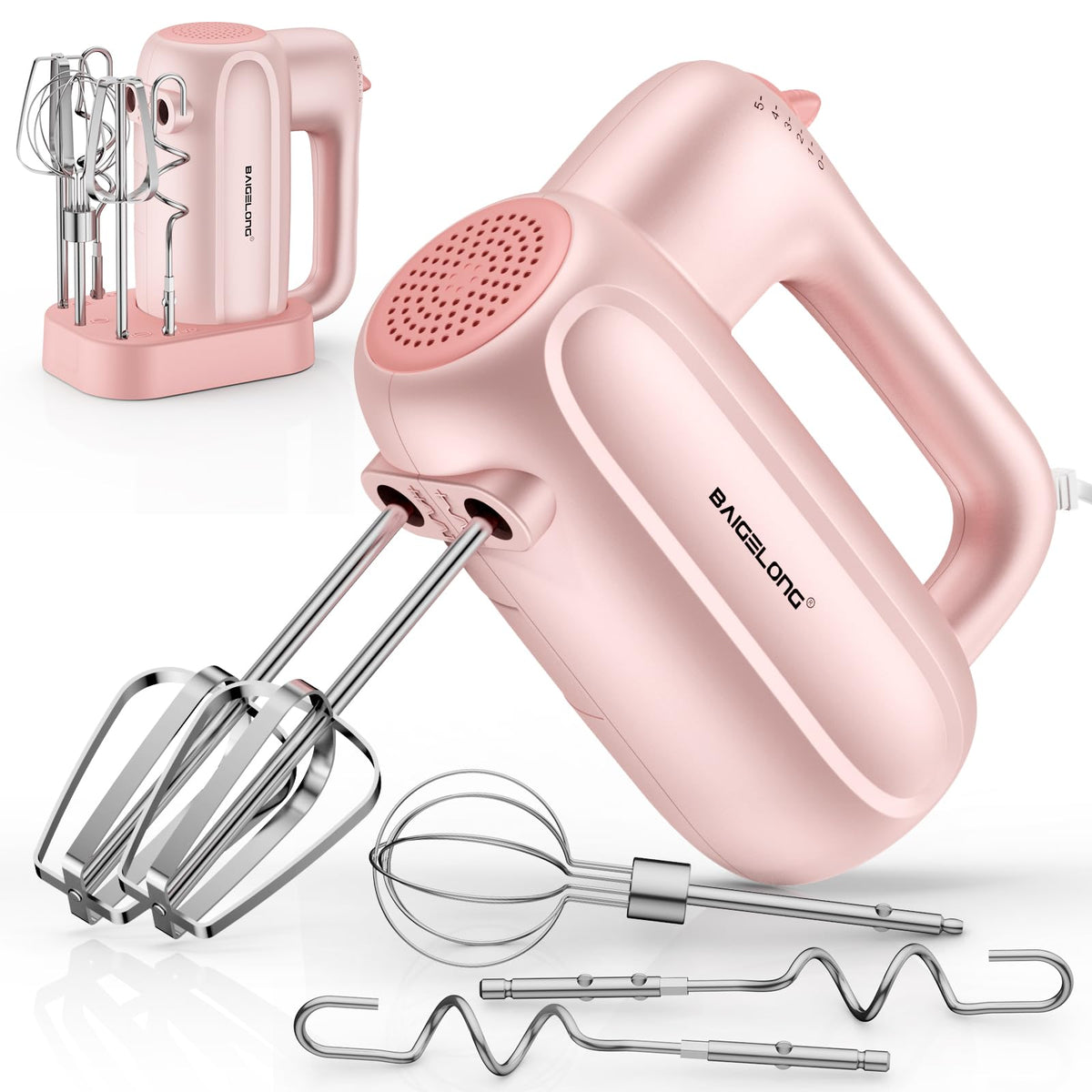 BAIGELONG Hand Electric Mixer, 5-Speed KitchenMixer with 5 * 304 Stainless Steel Attachments + Storage Base, Food Handheld Mixer for Baking, Whipping Cream, Cake Mixing, Pink