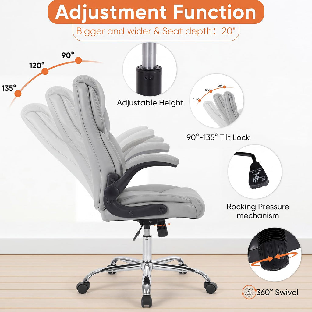 Sweetcrispy Office Desk Chair, Heavy Duty Computer Chair, Pu Leather, 20" L x 21.85" W x 44.48" H, Grey