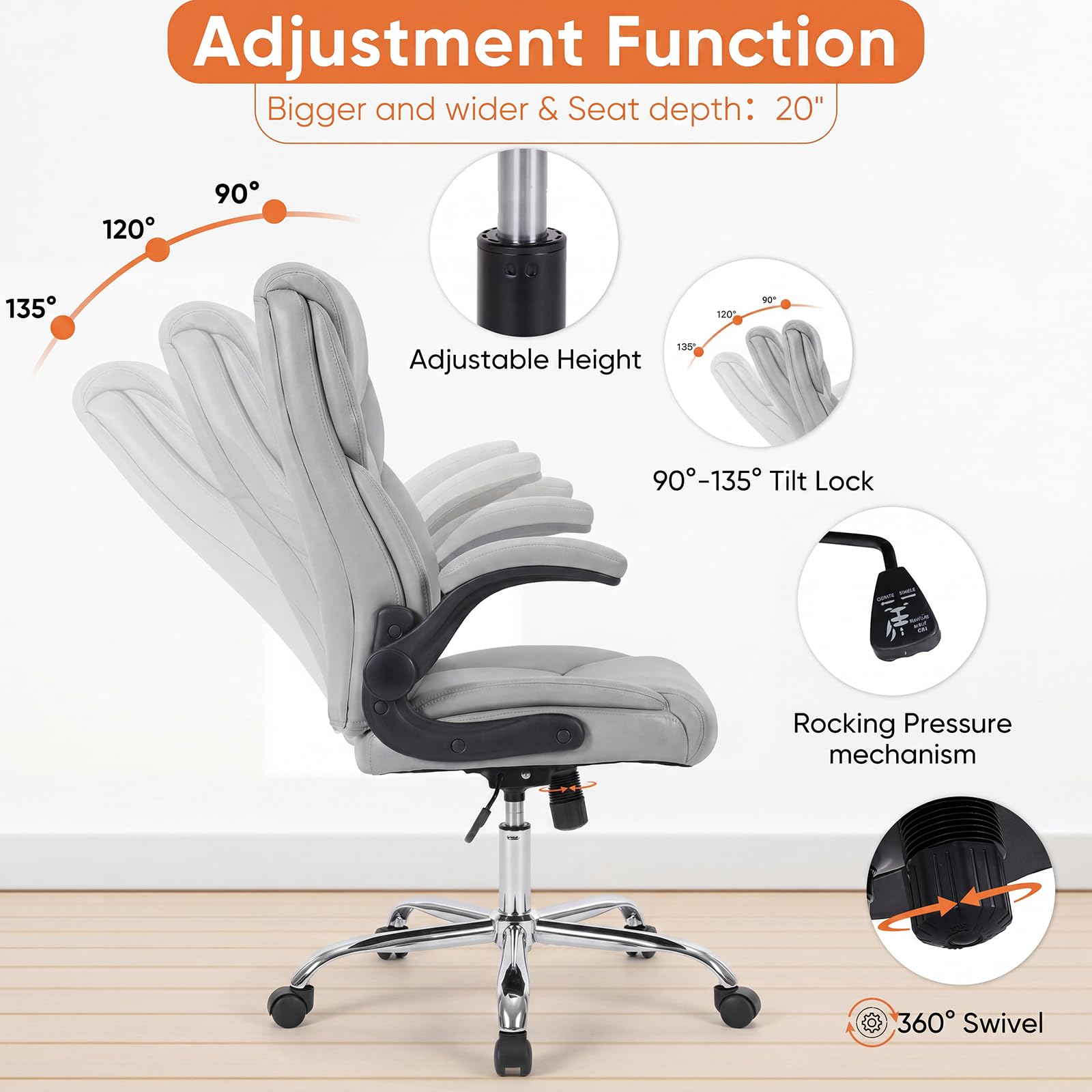 Sweetcrispy Office Desk Chair, Heavy Duty Computer Chair, Pu Leather, 20" L x 21.85" W x 44.48" H, Grey